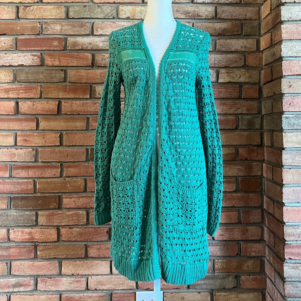 Anthropologie Far Away From Close Open Front Green Crochet Cardigan in Size XS